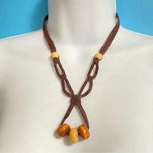 Artisan Made Macrame Wood Bead Brown Necklace Loop Clasp
